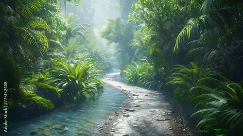A meandering river pathway bordered by lush greenery