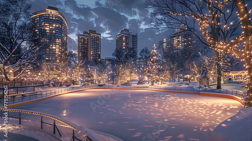 A modern urban park transformed into a winter wonderland, complete with ice skating rink and twinkling lights