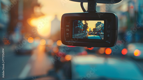 Car DVR Front camera car recorder ,CCTV car camera for safety on the road accident on abstract blurred bogey light of city in night background 