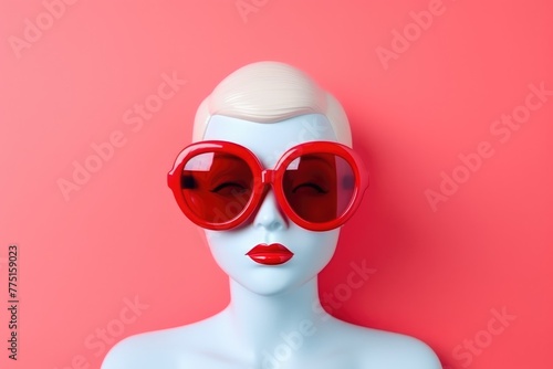 A mannequin head wearing oversized red sunglasses, matching red lips against a vivid red background, creating a bold statement. Mannequin with Oversized Sunglasses on Red