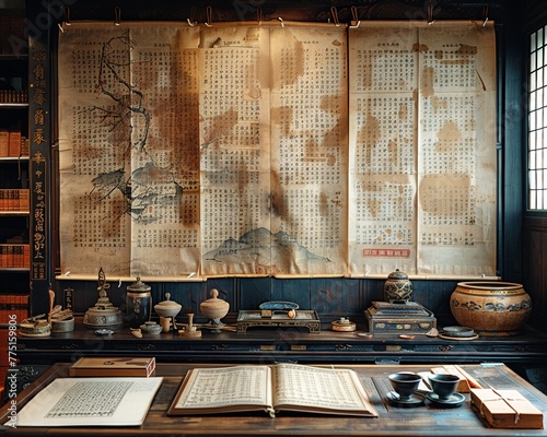 Confucian Scrolls Displayed in a Scholars Study The text blurs into paper
