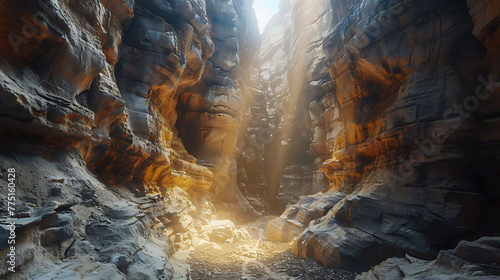 A narrow slot canyon illuminated by shafts of sunlight