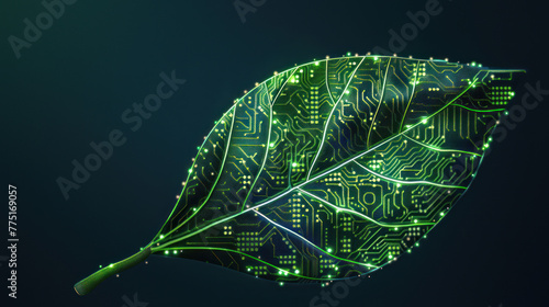 A leaf integrates with a green circuit board pattern symbolizing the fusion of nature and technology