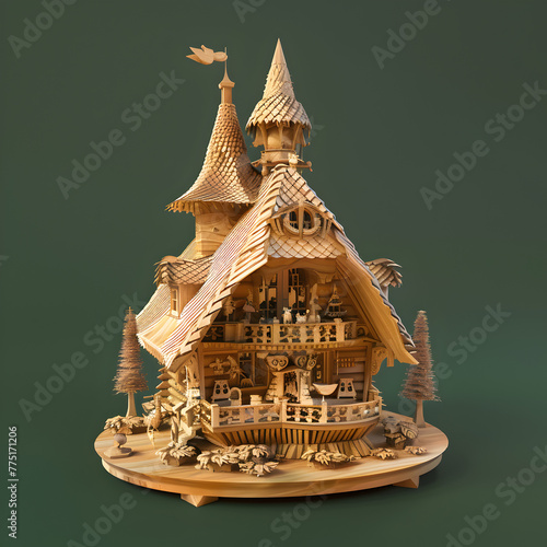 A wooden house with a roof and a bird on top. The house is small and has a lot of details