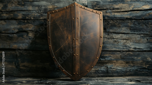 A worn metal shield with rivets, taking center stage on a weathered wooden background, hints at tales of yore.