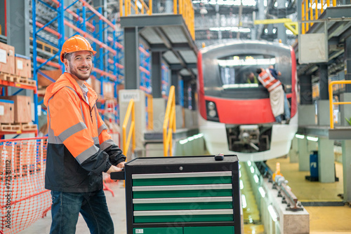 Railway Worker with Toolbox in Train Depot