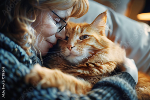 A middle age woman with her cat at home, people and their pets concept