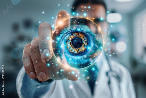 Doctor holding a levitating eye hologram, discussing advancements in ocular prosthetics, 3D illustration