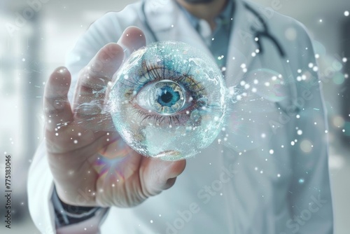 Doctor holding a levitating eye hologram, discussing advancements in ocular prosthetics, 3D illustration