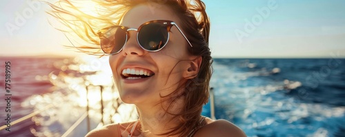Girl on a ship with her hair being blown up by the wind and wearing big sunglasses.