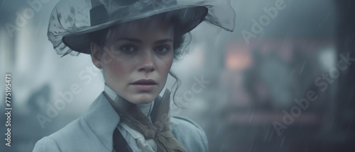 Victorian murder mystery. A tough beautiful woman detective in the fog searching for clues in London. In the style of a panoramic movie still. 