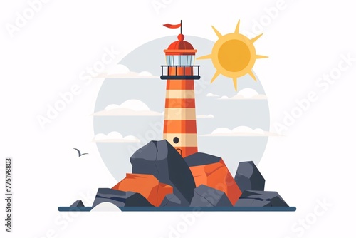 a lighthouse on rocks and sun