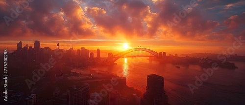 Vibrant sunrise over Sydney CBD with highrise buildings harbor and bridge in an elevated aerial view. Concept Sunrise Over Sydney, Highrise Buildings, Harbor View, Aerial Perspective, Iconic Bridge