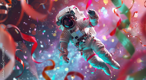 An astronaut floating in zero gravity, surrounded by colorful ribbons and streamers in the background