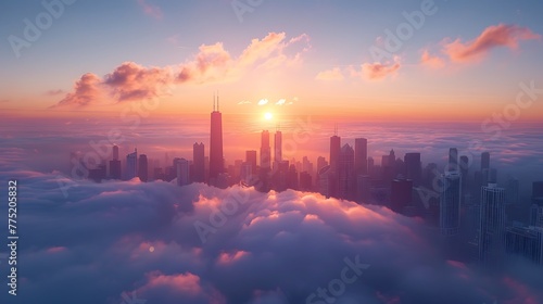 A sunrise over a fog-covered cityscape - urban mystique