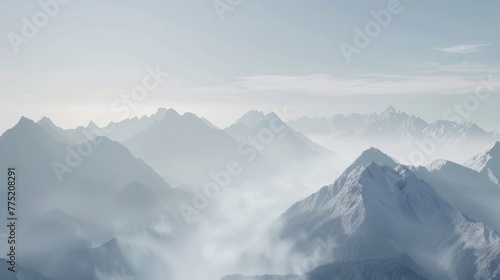 A serene mountain landscape at dawn, with mist rolling over the peaks, appealing for travel and adventure marketing. 
