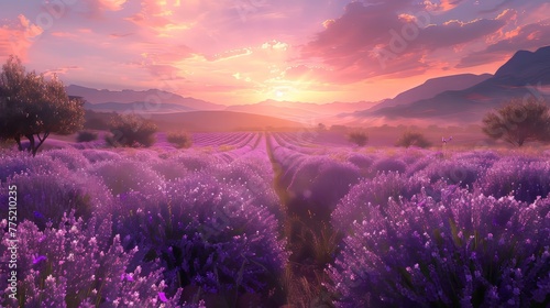 Sunset casting warm hues over expansive lavender fields, detailed realism and painterly colors