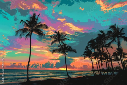 Palm Trees Painting on Beach at Sunset