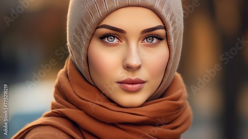 Portrait of beautiful young muslim arabian woman wearing white hijab looking at camera