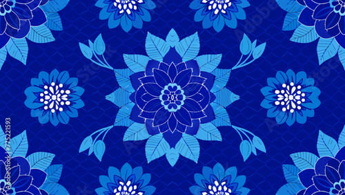 Seamless pattern with blue flowers and leaves on a blue background