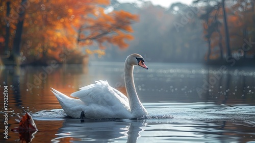 A lake with a swan. Around the swan is water, trees