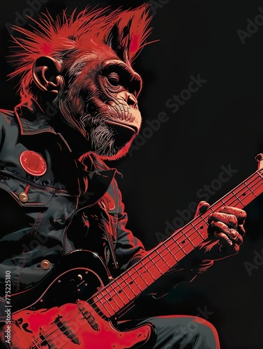 Ilustração divertida de um macaco estrela do rock em um fundo preto.