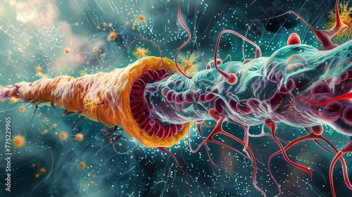 3D rendering of a microscopic view of a nerve cell with detailed myelin sheath and synapses.