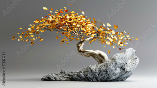 A 3D-printed sculpture of a tree with golden leaves, metaphor for growth and investment