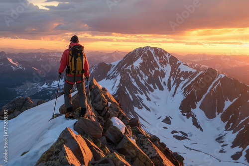Hiker at Sunrise on Mountain Summit