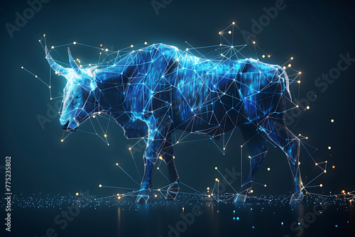 Captivating cow illustration featuring intricate digital wireframe polygons and modern line and dot technology, perfect for contemporary designs and agricultural-themed compositions
