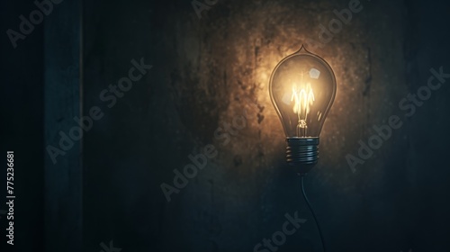 Illuminated light bulb against a dark textured background