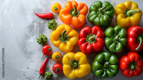 An AI-crafted visual with a handful of hot, colorful bell peppers placed in the upper right corner, against a clean white background. The composition deliberately leaves a significant empty