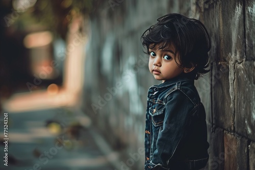 Portrait of a little boy in a denim jacket on the street