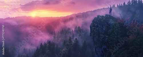 tourist on a cliff's edge overlooking a misty forest at sunset conveying solitude and adventure