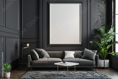 Dark interior space background, living room with white mock up poster, 3d illustration