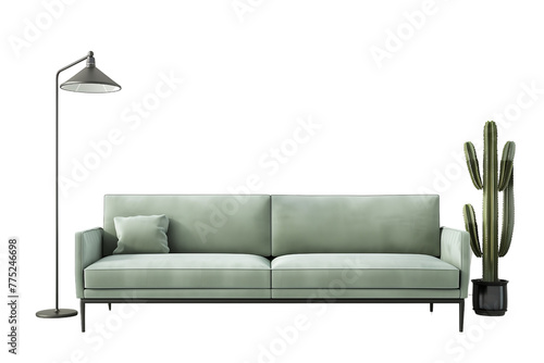 modern sofa with pastel green colors, decorative floor lamp and cactus plant isolated on transparent background