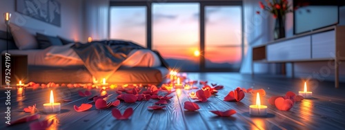 A bedroom with burning candles strewn with rose petals in anticipation of a romantic evening. Flames of passion illuminate the path to a night of love.