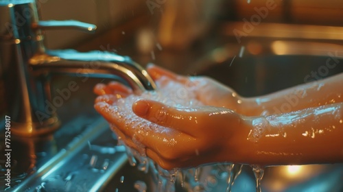Washing hands with soap under running water in the kitchen sink