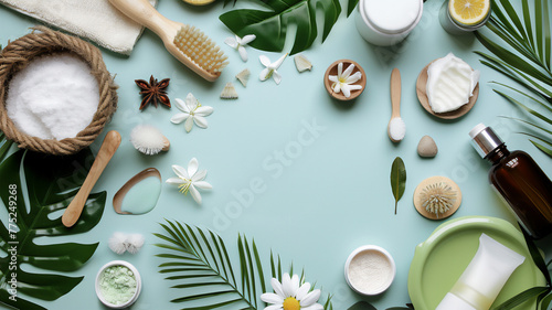 Homemade DIY Projects at Home. On a light blue background, creativity, flower petals, cosmetics and lush green plant branches. your own business, beginnings, creativity.