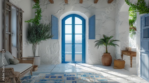 Cycladic architecture in greek island home with vibrant blue doors and traditional furniture