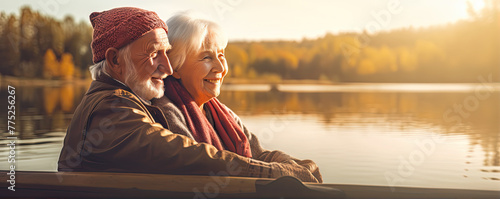 Elderly couple fishing on a serene lake