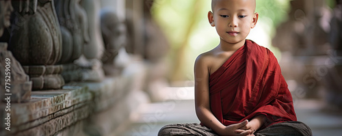 Meditation with small boy monks and relaxing background.