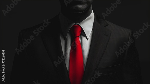 A shadowy outline of a man without a face, donning a classic suit and red tie, set against a pitch-black background, highlighting the formality and mystery of the character