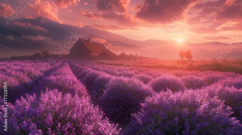 Vibrant sunset over lavender fields with charming farmhouse in scenic rural landscape