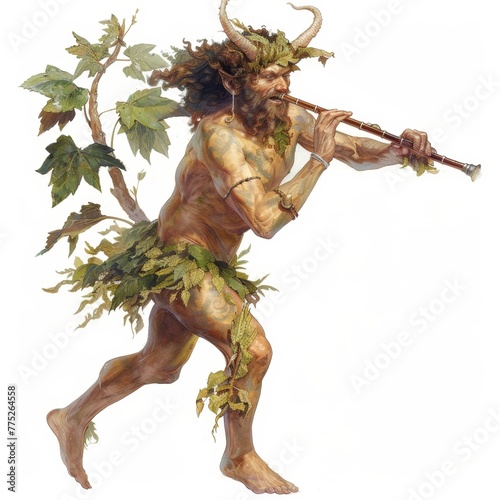 A playful Satyr with flute in hand, dancing in a woodland glade, isolated on an ultra-bright pure white background, no background