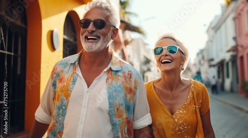 Old man with wife wearing sunglasses walk smiling on vacation. Senior husband hugging mature wife in bright hat while walking in touristic city center having rest on summer vacation.