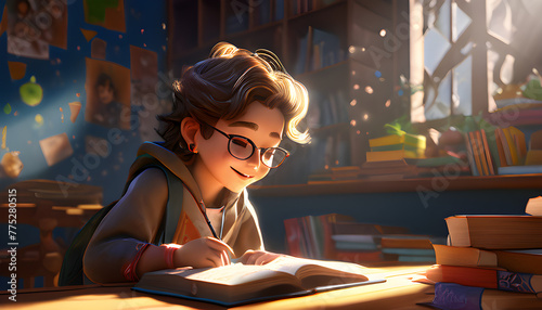 Little boy elementary Student reading study book in school classroom for academic exam public education concept poly art