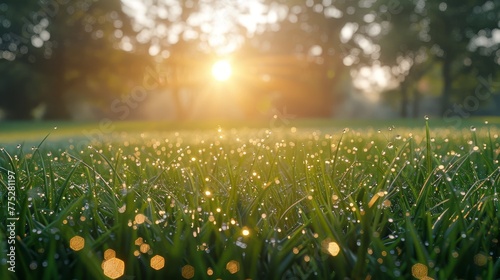 Golden hour morning in countryside dewy grass, sunlight peek, realistic landscape photography