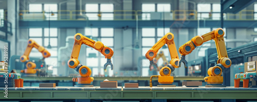 Robotic arm machinery in operation at manufacturing plant, symbolizing industrial efficiency and automation. Multiple robotic arms performing automated tasks with accuracy and speed