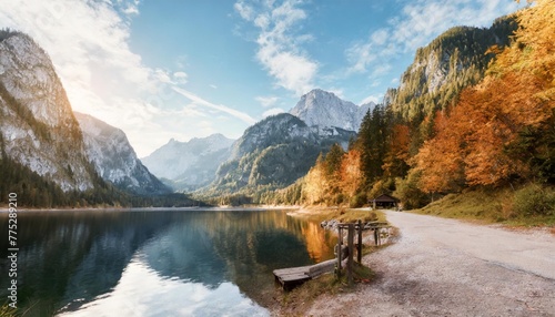 beautiful view of idyllic colorful autumn scenery in gosausee lake austria